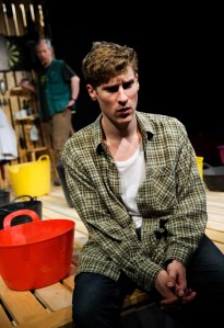David Crellin (Sam), Dan Parr (Jim). Snuffbox Theatre Company presents Weald by Daniel Foxsmith at the Finborough Theatre. Director: Bryony Shanahan. Lighting: Seth Rook Williams. Photo (c) Alex Brenner, credit mandatory.